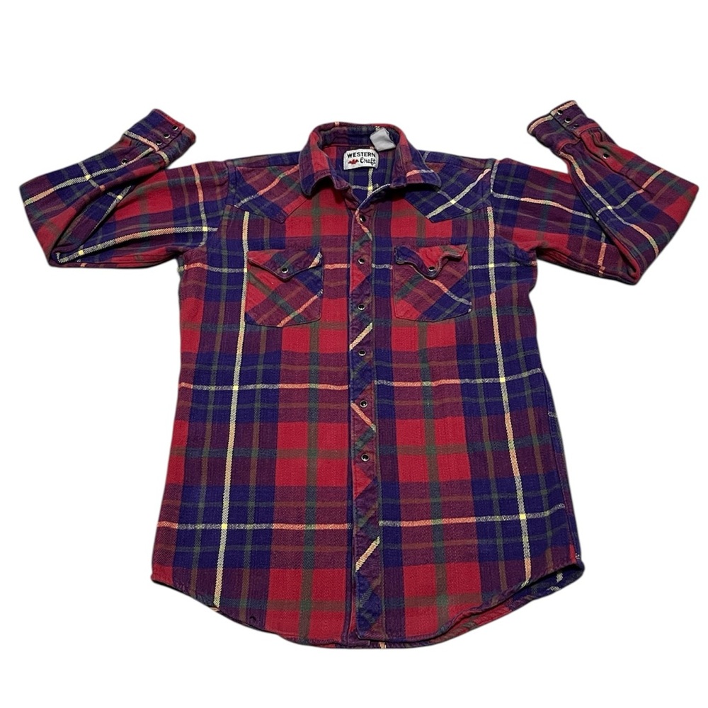 Vintage Plaid Flannel Shirt Western Pearl Snap Size Medium / Large